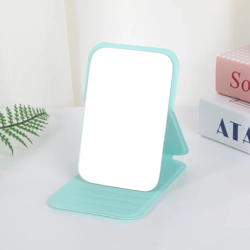 Desktop Makeup Mirror Solid Color PU Leather Simple Portable Handheld Makeup Mirror Foldable Student Compact Cute Pocket Mirror