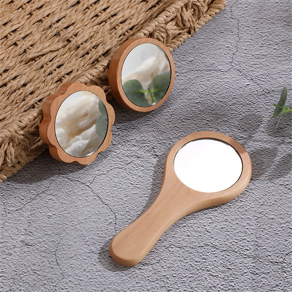 Wooden Hand Mirror Vintage Portable Round Cosmetic Mirror Compact Makeup Vanity Hand Held Mirror Women Travel Mirrors