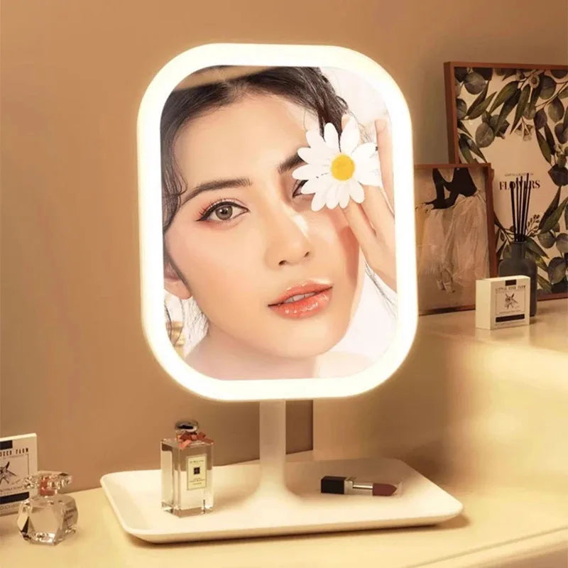 New  LED Modern Desktop Vanity Mirror, Portable 3 Color Light LED Makeup Mirror Touching Mirror Women Bedroom Dressing Mirror
