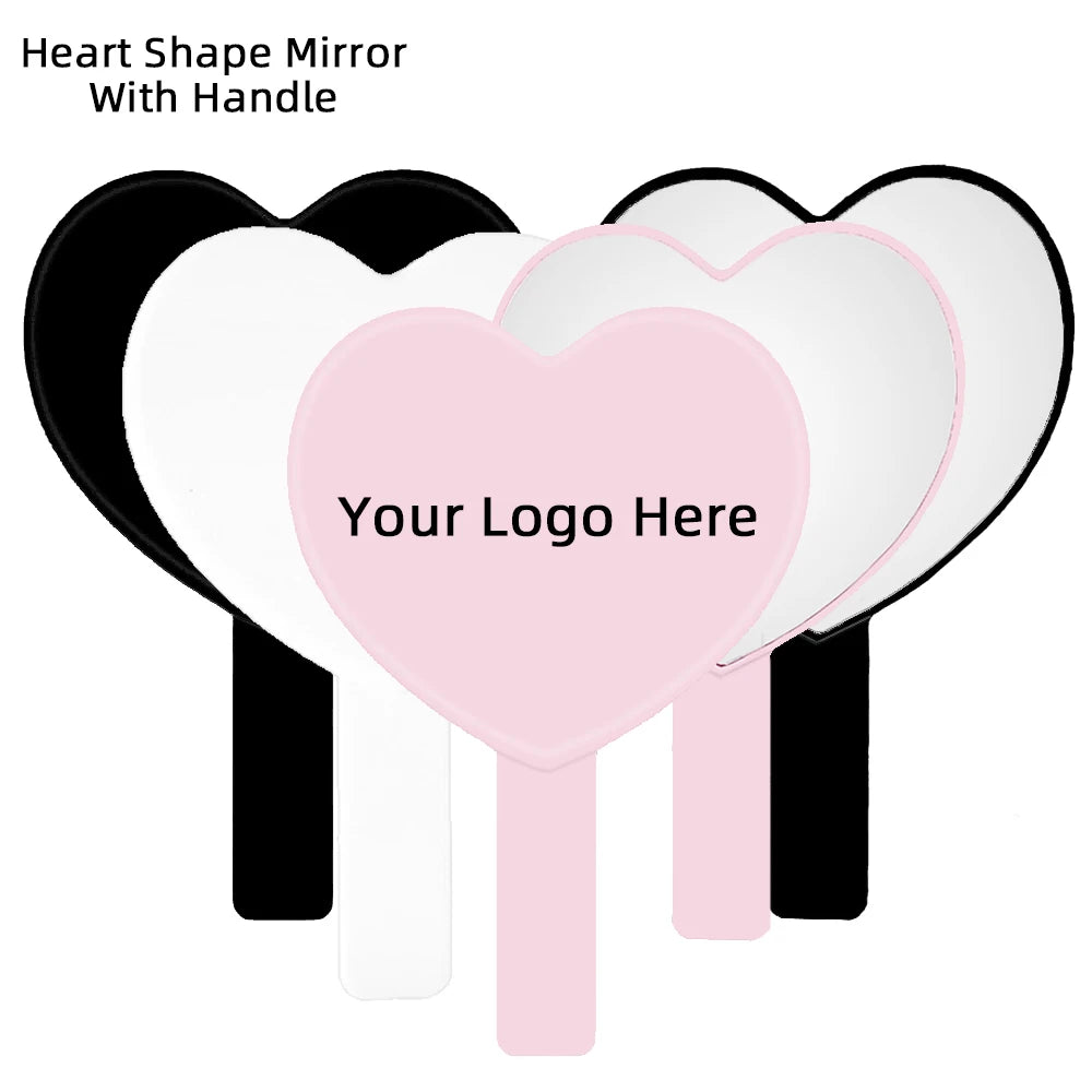 Custom Logo Personalized Heart Shape Handle Mirrors Pink Black White Hand Held Mirror Wig Specilist Lash Artist Makeup Tools