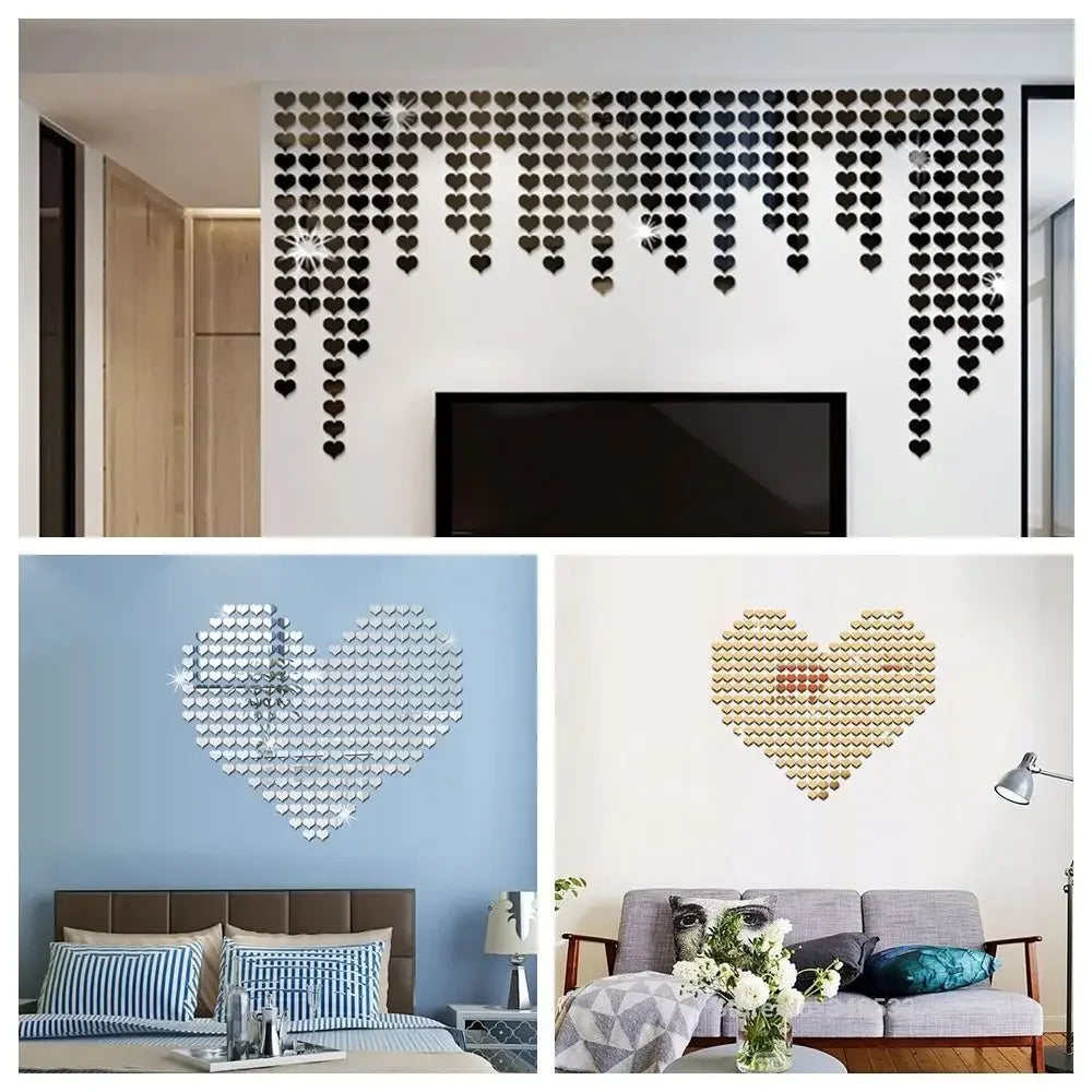100pcs Acrylic Mirror Circle Square Wall Sticker Bedroom Wedding Decoration Heart Shaped Raindrops Art Wall Decals Home Decor