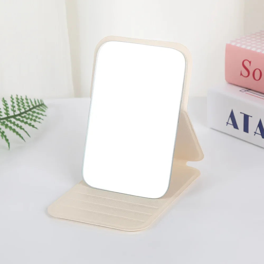 Desktop Makeup Mirror Solid Color PU Leather Simple Portable Handheld Makeup Mirror Foldable Student Compact Cute Pocket Mirror