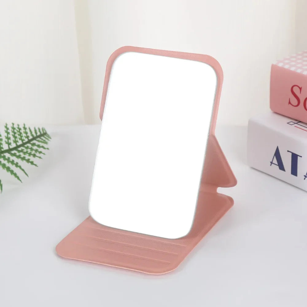 Desktop Makeup Mirror Solid Color PU Leather Simple Portable Handheld Makeup Mirror Foldable Student Compact Cute Pocket Mirror