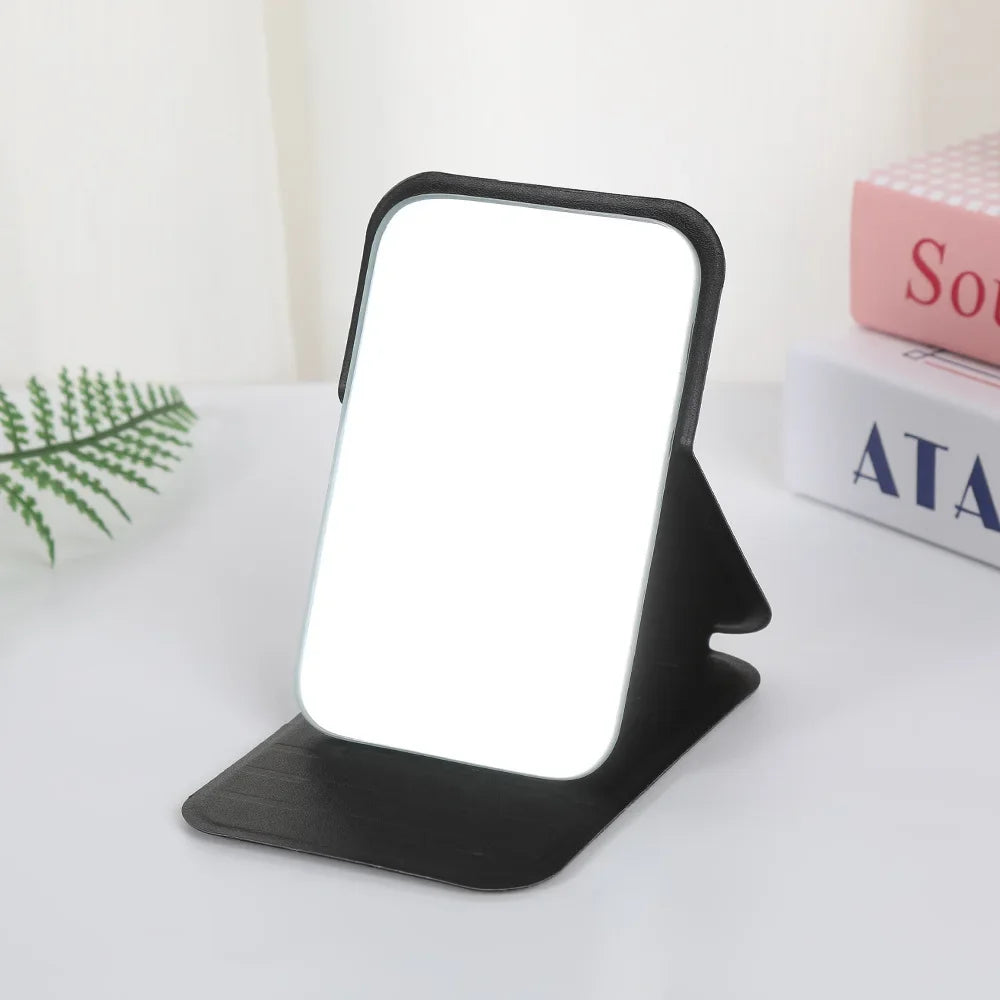 Desktop Makeup Mirror Solid Color PU Leather Simple Portable Handheld Makeup Mirror Foldable Student Compact Cute Pocket Mirror