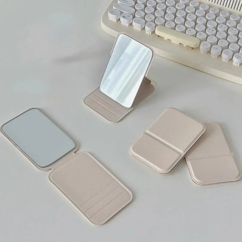 Desktop Makeup Mirror Solid Color PU Leather Simple Portable Handheld Makeup Mirror Foldable Student Compact Cute Pocket Mirror