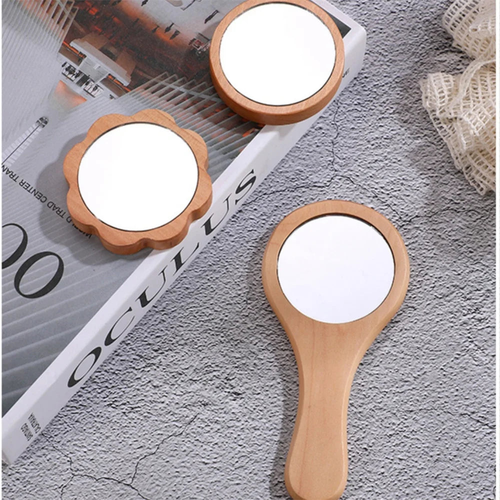 Wooden Hand Mirror Vintage Portable Round Cosmetic Mirror Compact Makeup Vanity Hand Held Mirror Women Travel Mirrors