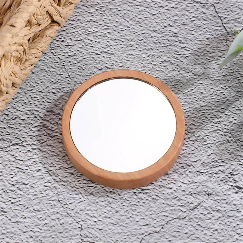Wooden Hand Mirror Vintage Portable Round Cosmetic Mirror Compact Makeup Vanity Hand Held Mirror Women Travel Mirrors