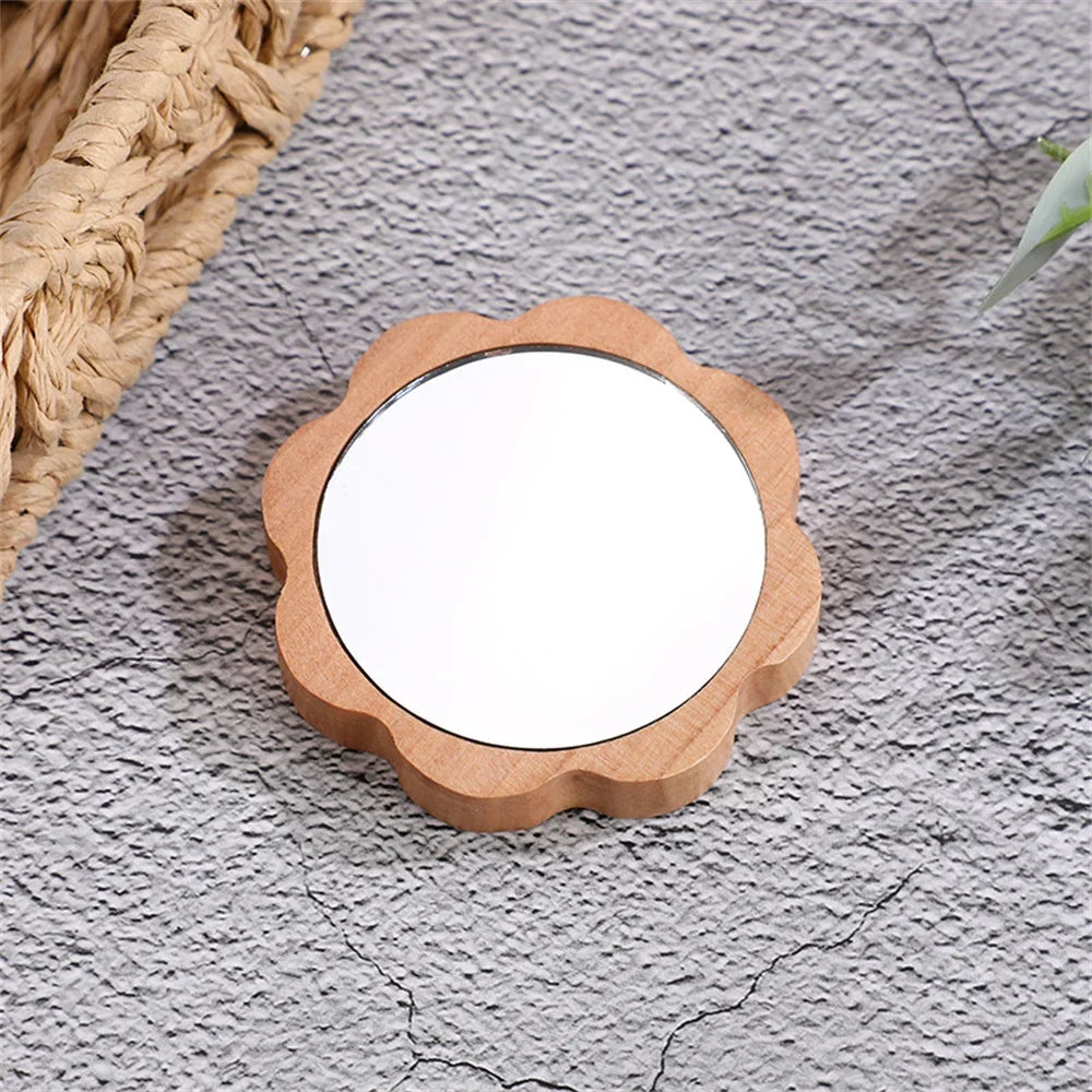 Wooden Hand Mirror Vintage Portable Round Cosmetic Mirror Compact Makeup Vanity Hand Held Mirror Women Travel Mirrors
