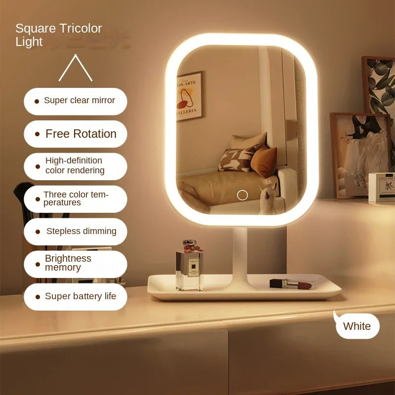 New  LED Modern Desktop Vanity Mirror, Portable 3 Color Light LED Makeup Mirror Touching Mirror Women Bedroom Dressing Mirror